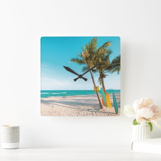 サーフボードオンビーチ装飾用クッション スクエア壁時計 (ホーム)