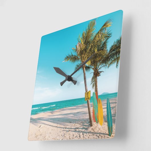 サーフボードオンビーチ装飾用クッション スクエア壁時計 (傾斜)