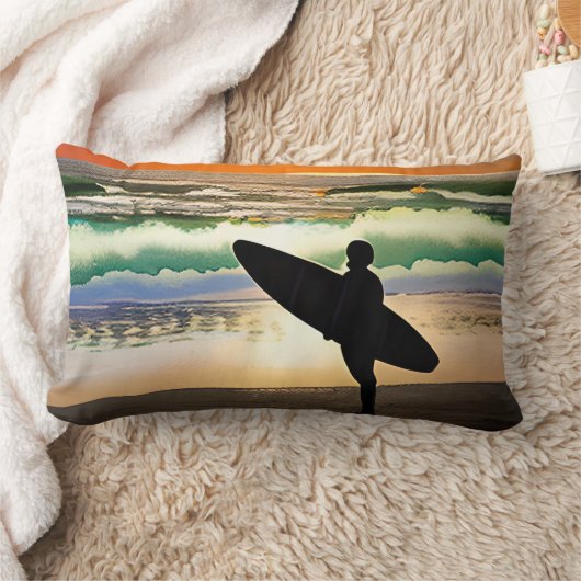 サーフボードサンセットとビーチの男 ランバークッション (ブランケット)