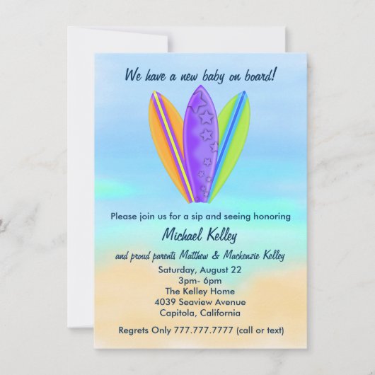 サーフボードビーチベビーsipとseeシャワーパーティー 招待状 (正面)