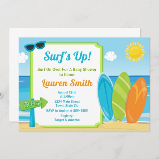 サーフボードベビーシャワー招待状サーファーボーイ 招待状 (正面/裏面)