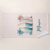 サーフボードヤシの木レトログリーンイエロー ビーチタオル (正面)