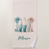 サーフボードヤシの木レトログリーンイエロー ビーチタオル (正面)