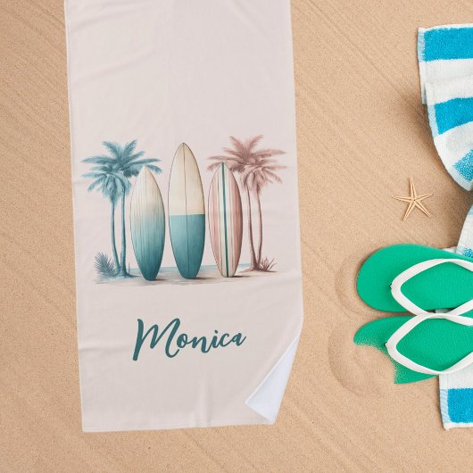 サーフボードヤシの木レトログリーンイエロー ビーチタオル