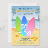 サーフボード上のビーチ子供の誕生日パーティー 招待状 (正面)