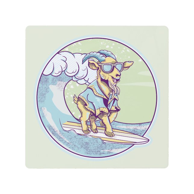 サーフボード上の漫画のヤギ メタルプリント (正面)