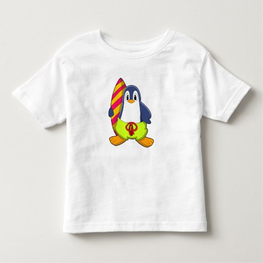 サーフボード付きサーファーとしてのペンギン トドラーTシャツ (正面)