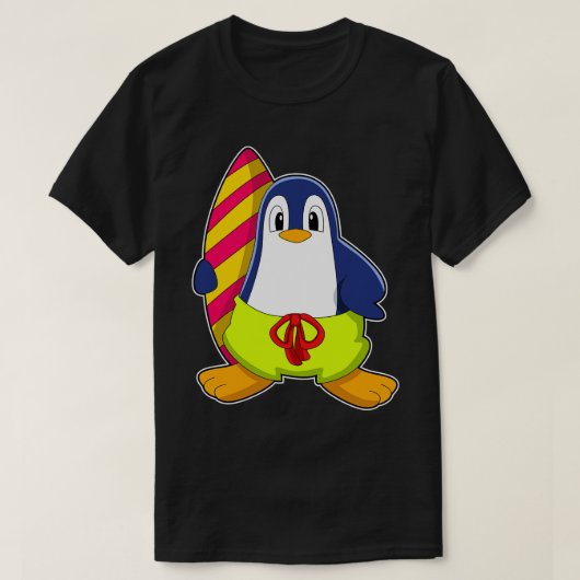 サーフボード付きサーファーとしてのペンギン Tシャツ (デザイン正面)
