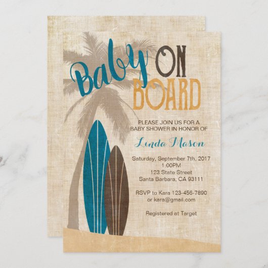 サーフボード付きサーフベビーシャワー招待状 招待状 (正面/裏面)