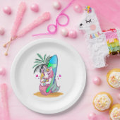 サーフボード付きユニコーンビーチ ペーパープレート (パーティー)