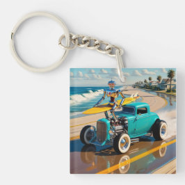 サーフボード付きヴィンテージロボット，ビーチ キーホルダー