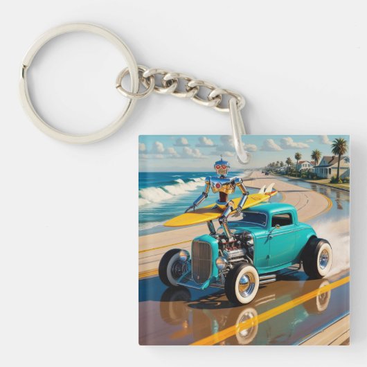 サーフボード付きヴィンテージロボット,ビーチ キーホルダー (正面)