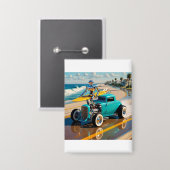 サーフボード付きヴィンテージロボット，ビーチ 缶バッジ (正面/裏面)