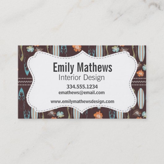 サーフボード及びハイビスカス; ブラウン、青、及びオレンジ 名刺 (正面)