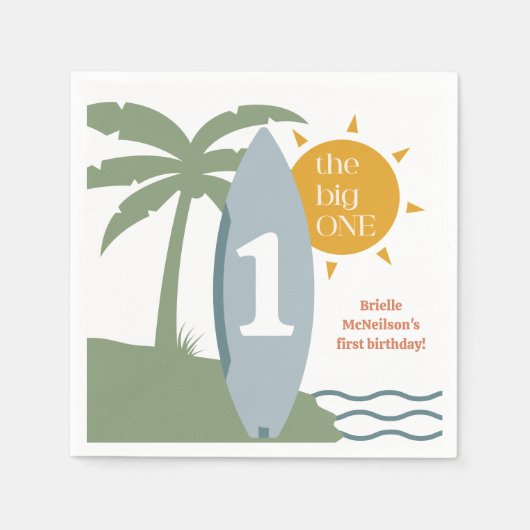 サーフボード海の最初の誕生日パーティー「ビッグ・ワン」 スタンダードカクテルナプキン (正面)