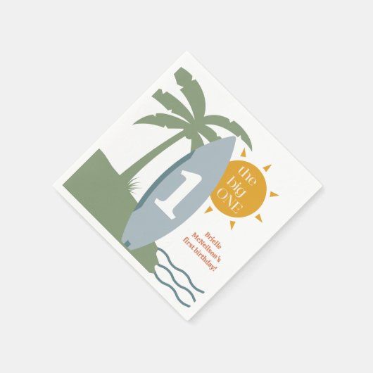 サーフボード海の最初の誕生日パーティー「ビッグ・ワン」 スタンダードカクテルナプキン (角)