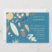 サーフボード&サン | 手描き夏の誕生日パーティー 招待状 (正面)