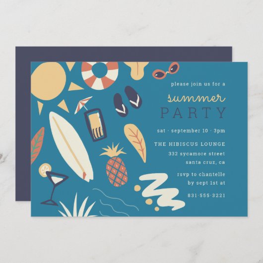 サーフボード&サン | 手描き夏の誕生日パーティー 招待状 (正面/裏面)