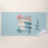 サーフボード ヤシの木 レトロ サージュグリーン ビーチタオル (正面)