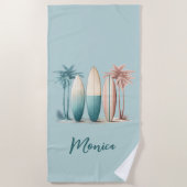 サーフボード ヤシの木 レトロ サージュグリーン ビーチタオル (正面)
