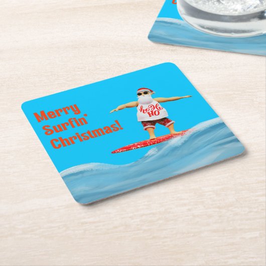 サーフメリーボードスローPサーフィンクリスマスサンタ スクエアペーパーコースター (アングル)
