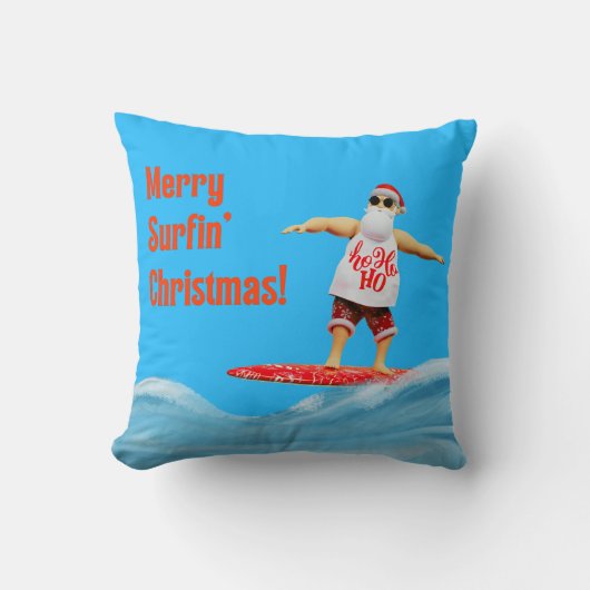 サーフメリーボード上のサーフィンクリスマスサンタ クッション (正面)