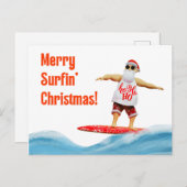 サーフメリーボード上のサーフィンクリスマスサンタ ポストカード (正面/裏面)