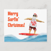 サーフメリーボード上のサーフィンクリスマスサンタ ポストカード (正面)