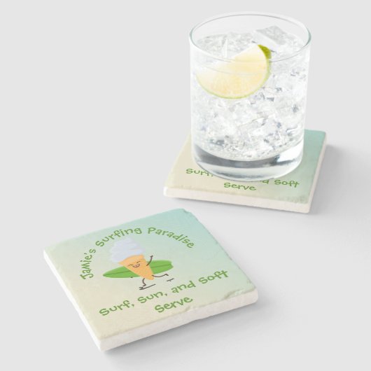 サーフユーモアのあるボード名付アイスクリームサーファー文字 ストーンコースター (横)