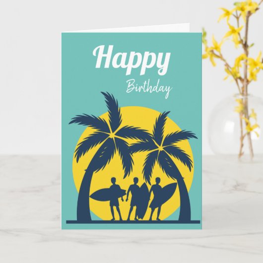 サーフ太陽とヤシの木サーフカッコいい カード (黄色い花)