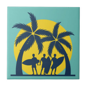 サーフ太陽とヤシの木サーフカッコいい タイル
