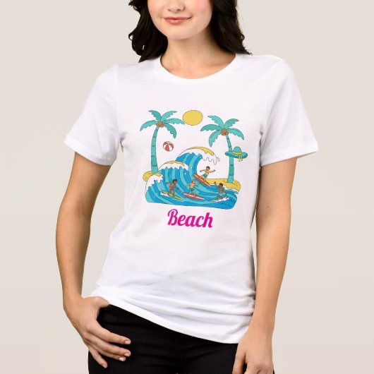 サーフ＆ウェーブ カートゥーン ビーチ 女性 Tシャツ (正面)