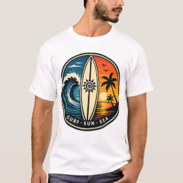 サーフ サン シー ビンテージバッジ - サーフボードサンセットウェーブ Tシャツ