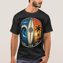 サーフ サン シー ヴィンテージバッジ - サーフボードサンセットウェーブ Tシャツ