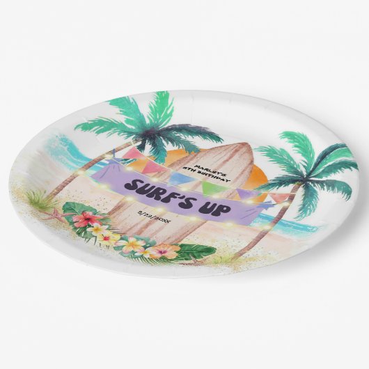 サーフ&シー |サーフズアップトロピカルビーチ誕生日 ペーパープレート (アングル)