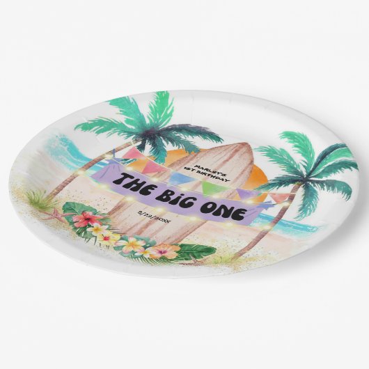 サーフ&シー |ビッグワンビーチ誕生日 ペーパープレート (アングル)