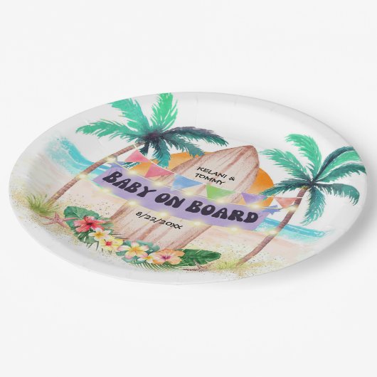 サーフ&シー |ベビーオンボードビーチベビーシャワー ペーパープレート (アングル)