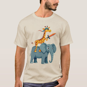 サーベルを持つサメに乗ったキリン ユニーク トレンディー Tシャツ