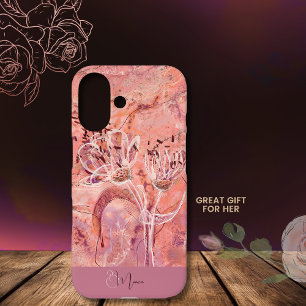 サーモンかわいらしガーリーピンクの花大理石 iPhone 16ケース