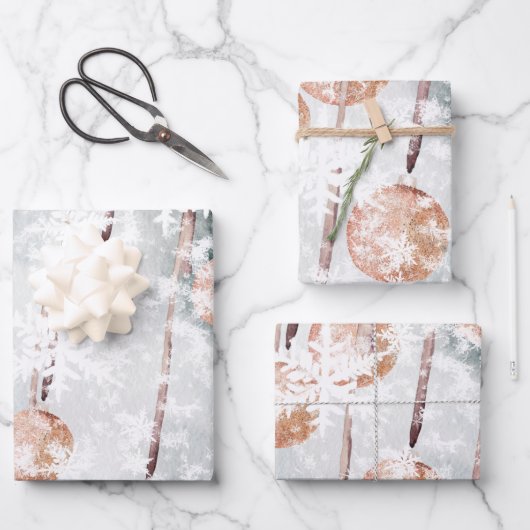 サーモンきらめくピンクボールオーナメント雪片 ラッピングペーパーシート (正面)