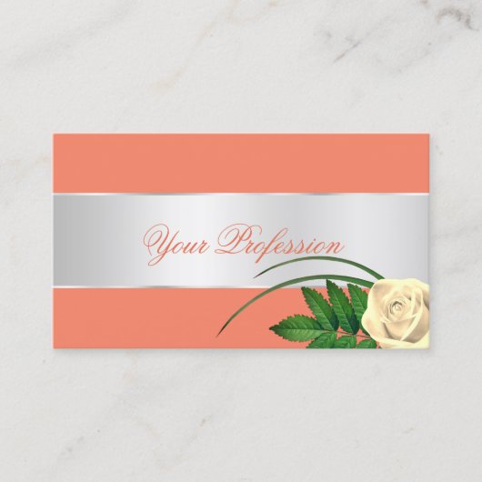 サーモンとシルバーデコールバラ花エレガントフローラ 名刺 (正面)