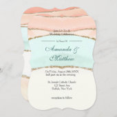サーモンとティール（緑がかった色）金ゴールドアガート結婚式招待状 (正面/裏面)