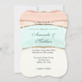 サーモンとティール(緑がかった色)金ゴールドアガート結婚式招待状 (正面)