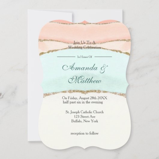 サーモンとティール（緑がかった色）金ゴールドアガート結婚式招待状 (正面)