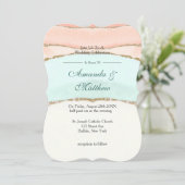 サーモンとティール(緑がかった色)金ゴールドアガート結婚式招待状 (スタンド正面)