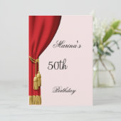 サーモンと赤いカーテンの招待状 誕生日なら何でも 招待状 (スタンド正面)