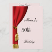 サーモンと赤いカーテンの招待状 誕生日なら何でも 招待状 (正面/裏面)