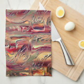 サーモンと赤いグラデーションで彫られた抽象芸術 キッチンタオル (四つ折り)