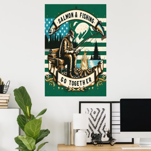 サーモンと魚釣り：湖のそばの日 ポスター (ホームオフィス)