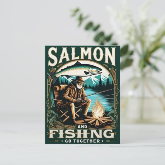 サーモンと魚釣り：湖のそばの日 ポストカード (スタンド正面)